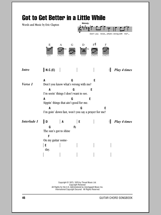 Eric Clapton Got To Get Better In A Little While sheet music notes and chords arranged for Guitar Chords/Lyrics