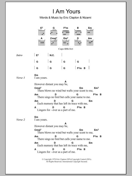Derek & the Dominos I Am Yours sheet music notes and chords arranged for Guitar Chords/Lyrics