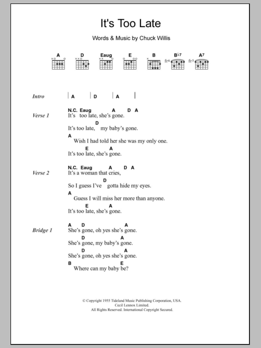 Derek & the Dominos It's Too Late sheet music notes and chords arranged for Guitar Chords/Lyrics