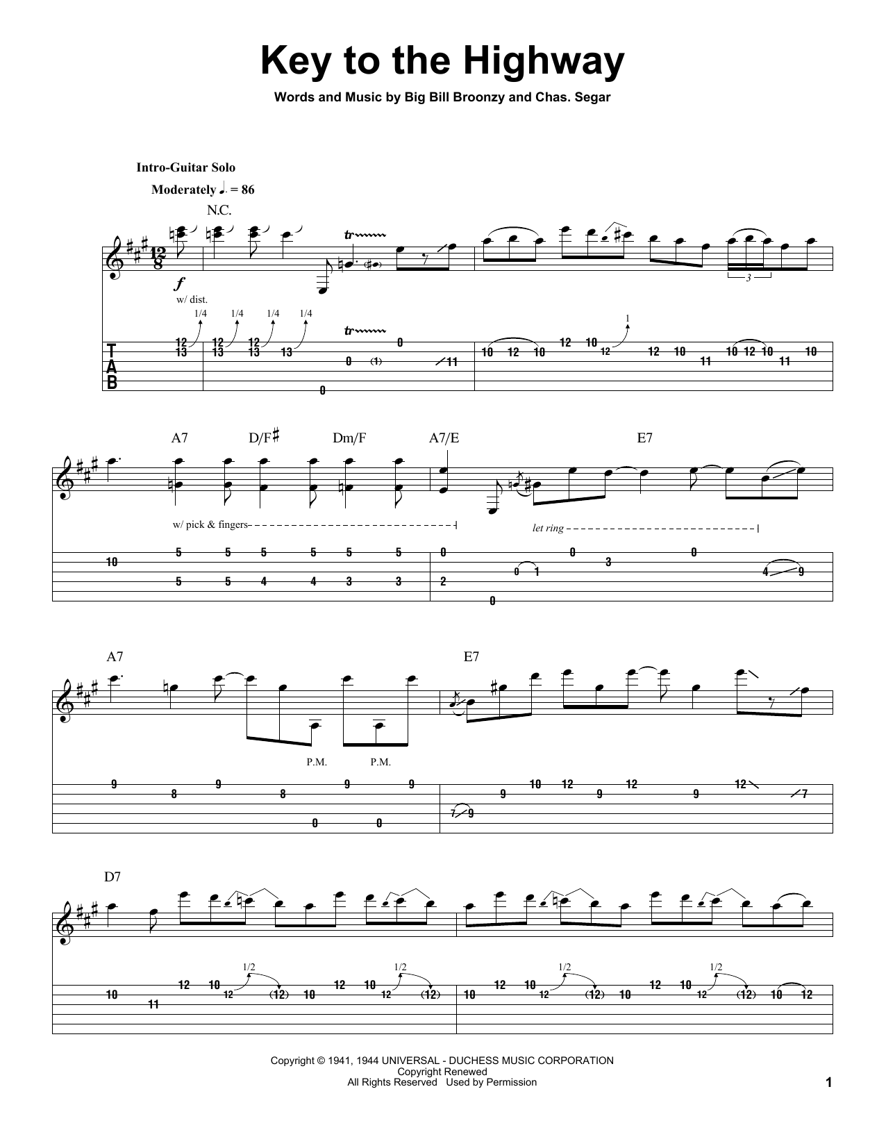 Eric Clapton Key To The Highway sheet music notes and chords arranged for Guitar Tab (Single Guitar)