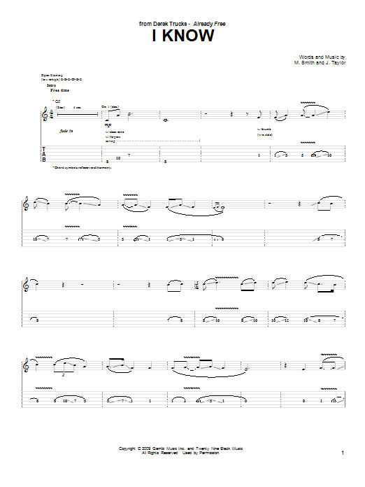 Derek Trucks I Know sheet music notes and chords arranged for Guitar Tab