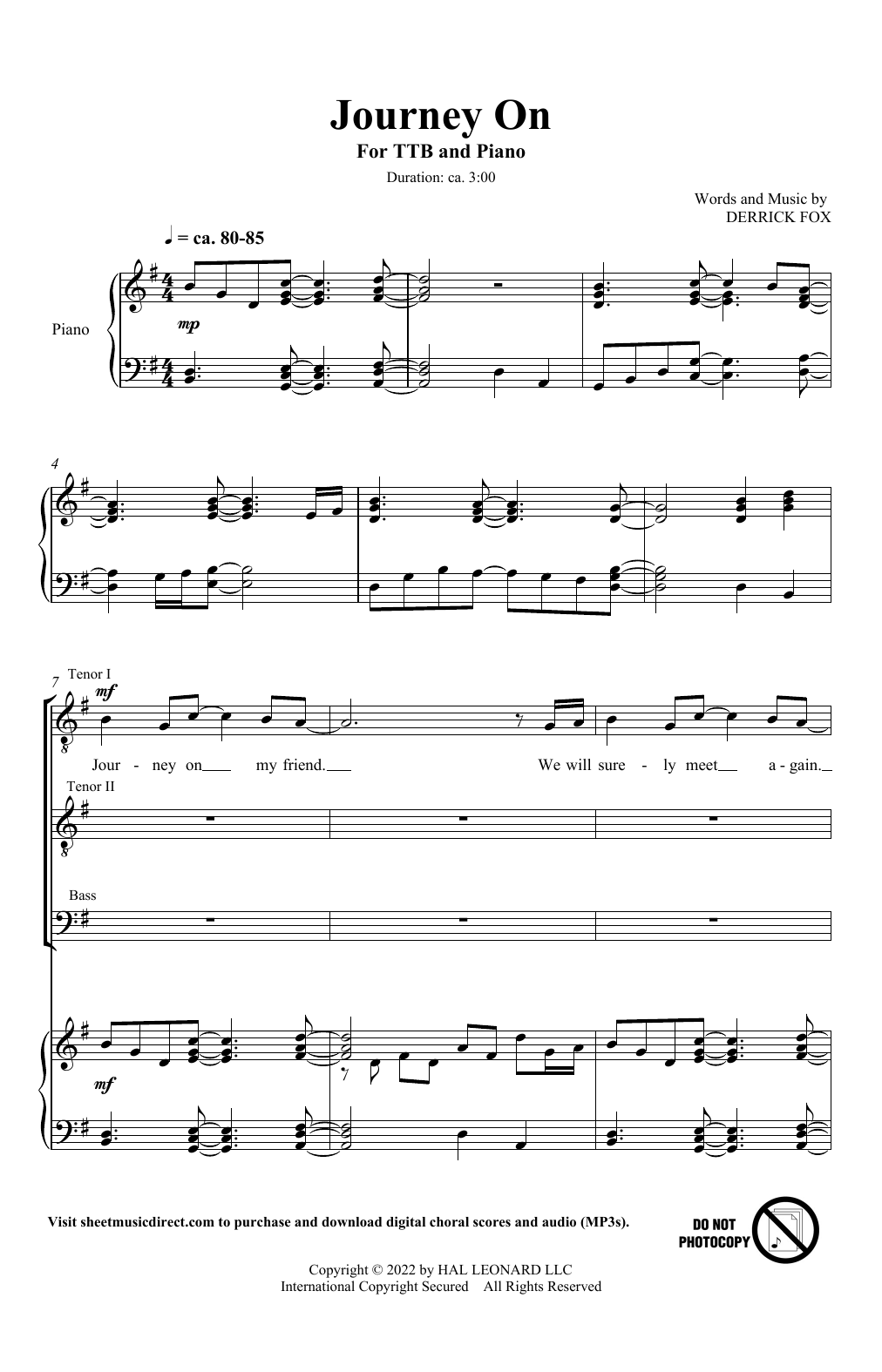 Derrick Fox Journey On sheet music notes and chords arranged for 3-Part Mixed Choir