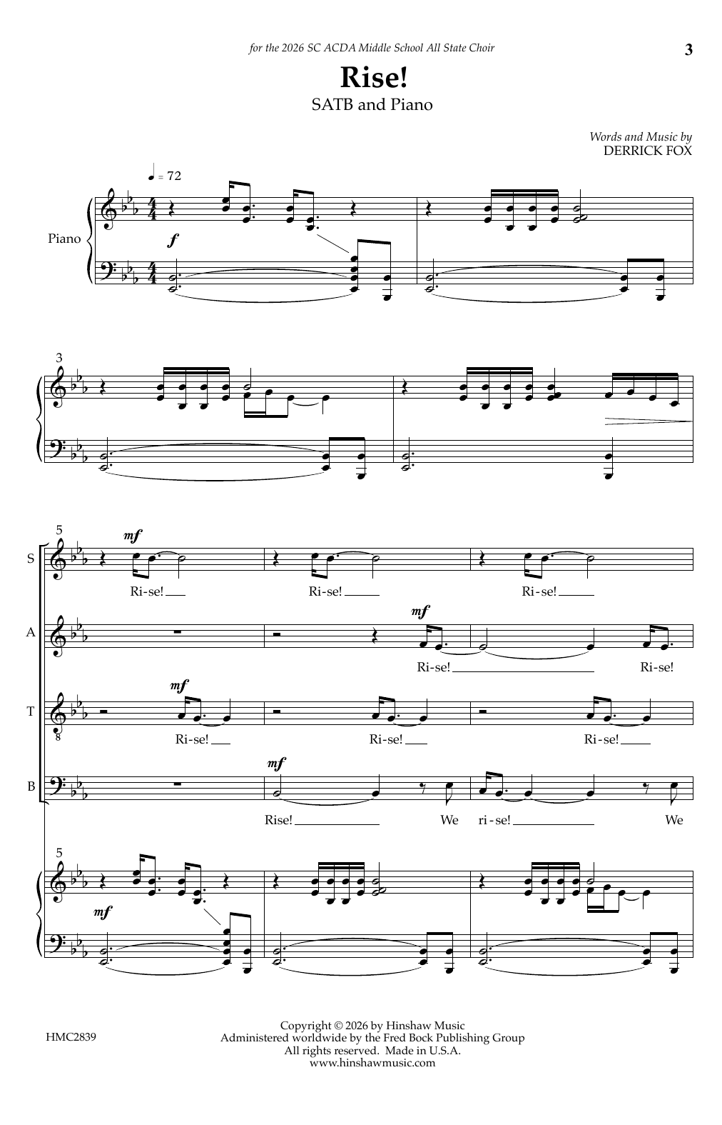 Derrick Fox Rise! sheet music notes and chords arranged for SATB Choir