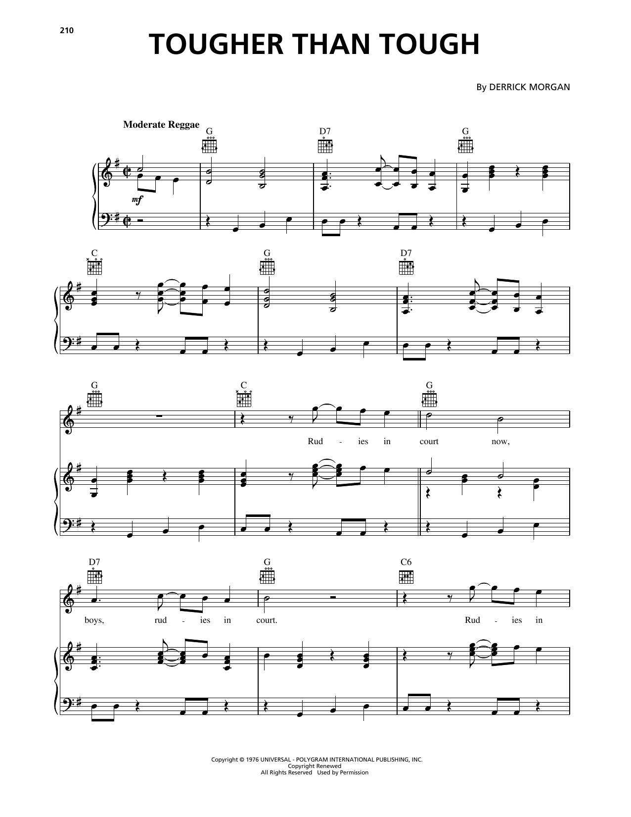 Derrick Morgan Tougher Than Tough sheet music notes and chords arranged for Piano, Vocal & Guitar Chords (Right-Hand Melody)