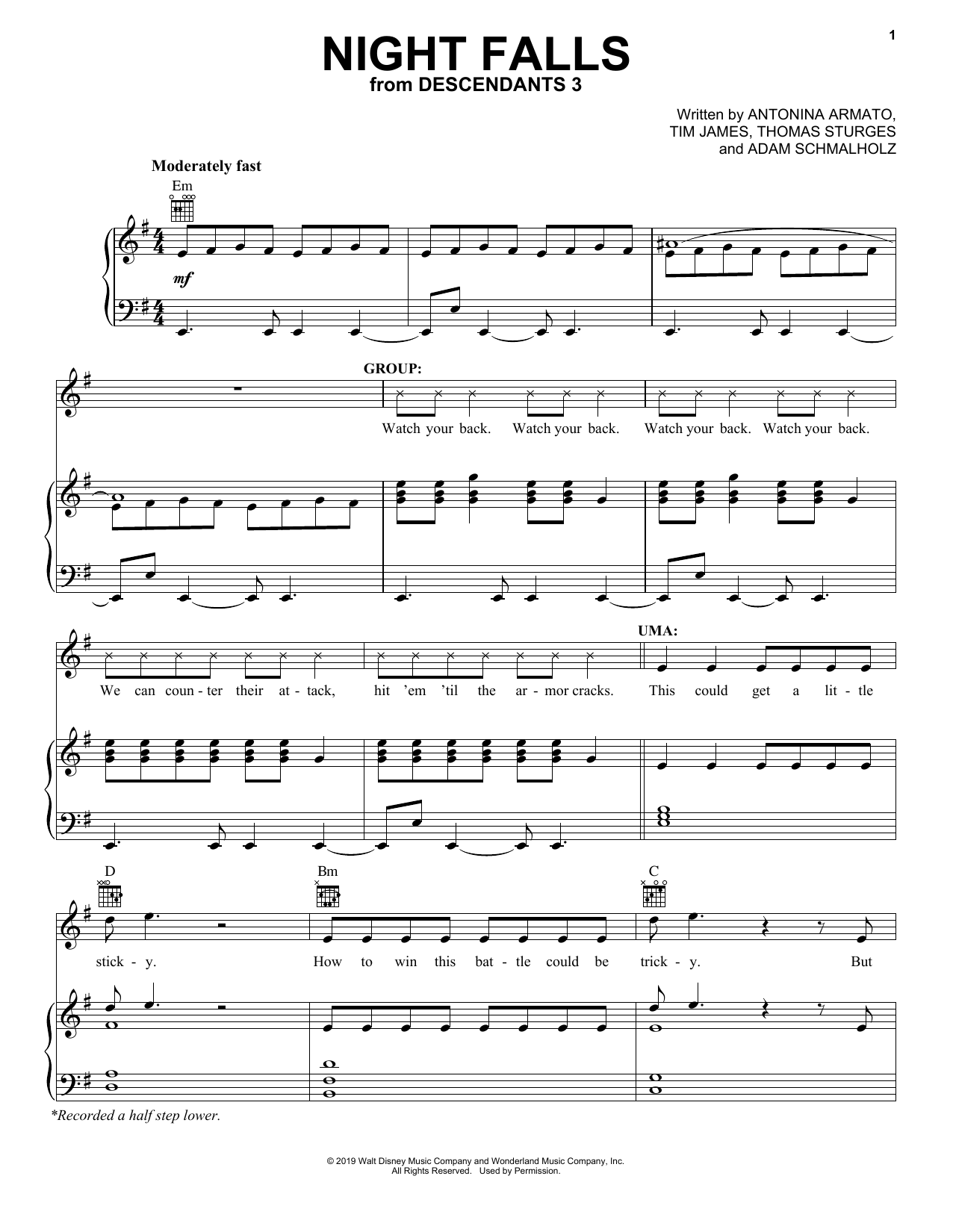 Descendants 3 Cast Night Falls (from Disney's Descendants 3) sheet music notes and chords arranged for Piano, Vocal & Guitar Chords (Right-Hand Melody)