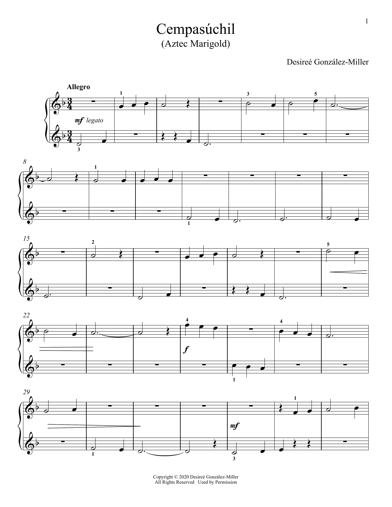 Desireé Gonzalez-Miller Cempasúchil (Aztec Marigold) sheet music notes and chords arranged for Piano Solo