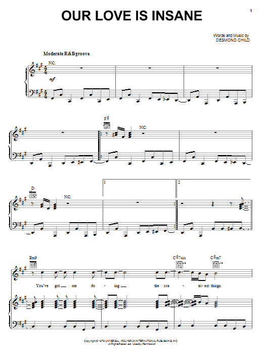 Desmond Child & Rouge Our Love Is Insane sheet music notes and chords arranged for Piano, Vocal & Guitar Chords (Right-Hand Melody)