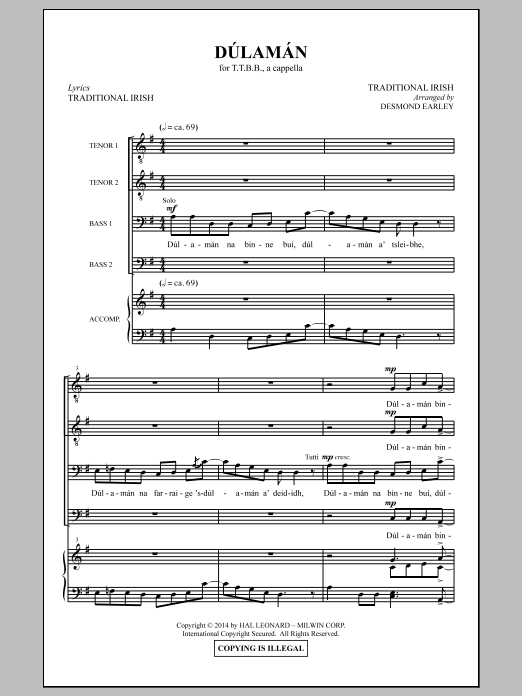 Desmond Earley Dulaman sheet music notes and chords arranged for TBB Choir