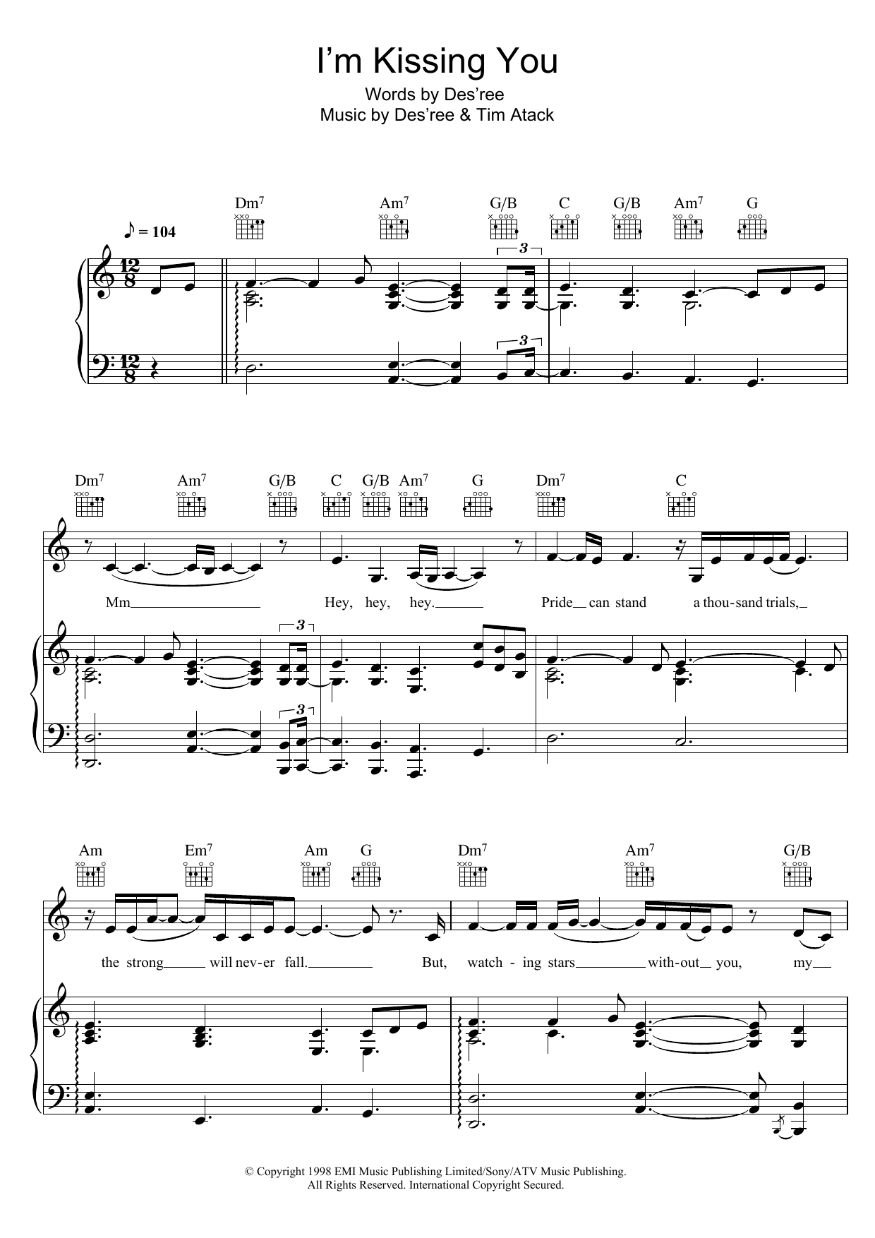 Des'ree I'm Kissing You sheet music notes and chords arranged for Guitar Chords/Lyrics