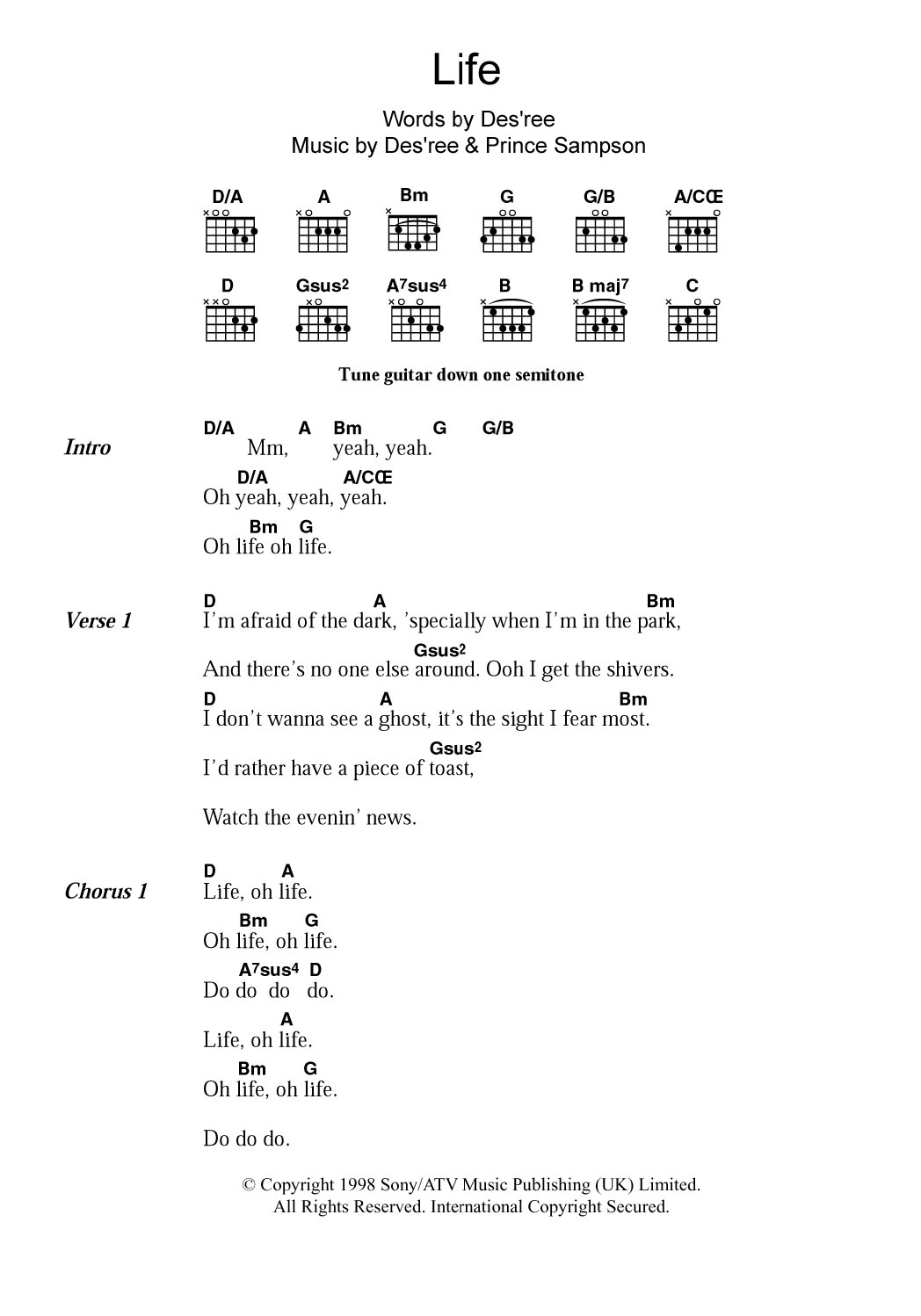 Des'ree Life sheet music notes and chords arranged for Guitar Chords/Lyrics