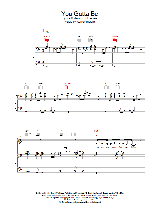 Des'ree You Gotta Be sheet music notes and chords arranged for Piano, Vocal & Guitar Chords (Right-Hand Melody)