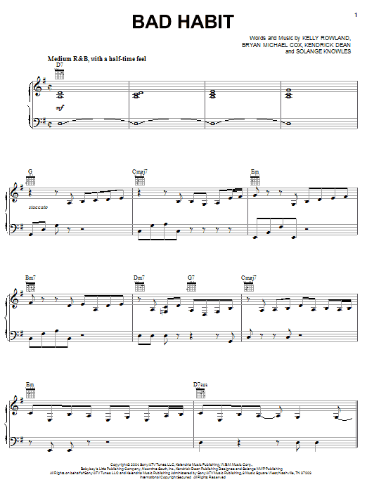 Destiny's Child Bad Habit sheet music notes and chords arranged for Piano, Vocal & Guitar Chords (Right-Hand Melody)