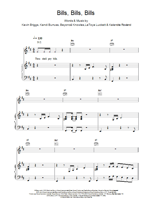 Destiny's Child Bills, Bills, Bills sheet music notes and chords arranged for Piano, Vocal & Guitar Chords
