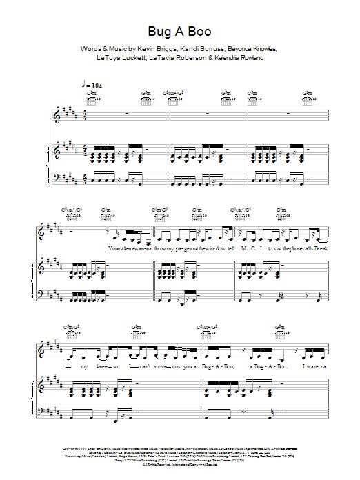 Destiny's Child Bug A Boo sheet music notes and chords arranged for Piano, Vocal & Guitar Chords (Right-Hand Melody)