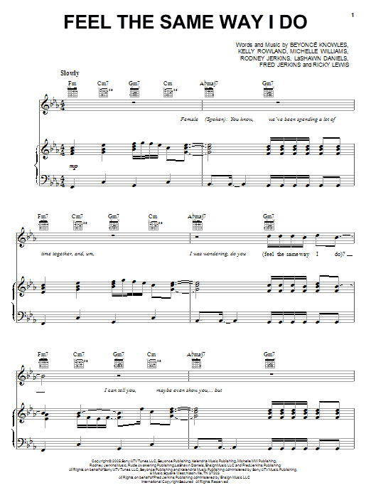 Destiny's Child Feel The Same Way I Do sheet music notes and chords arranged for Piano, Vocal & Guitar Chords (Right-Hand Melody)