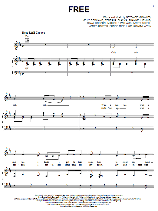 Destiny's Child Free sheet music notes and chords arranged for Piano, Vocal & Guitar Chords (Right-Hand Melody)