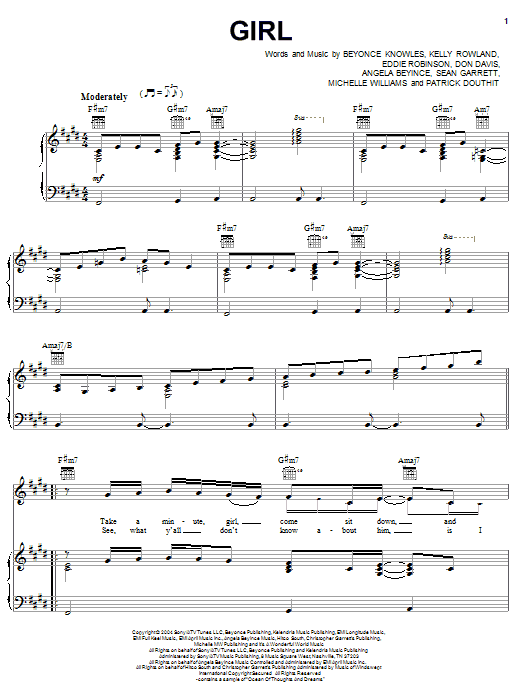 Destiny's Child Girl sheet music notes and chords arranged for Piano, Vocal & Guitar Chords (Right-Hand Melody)