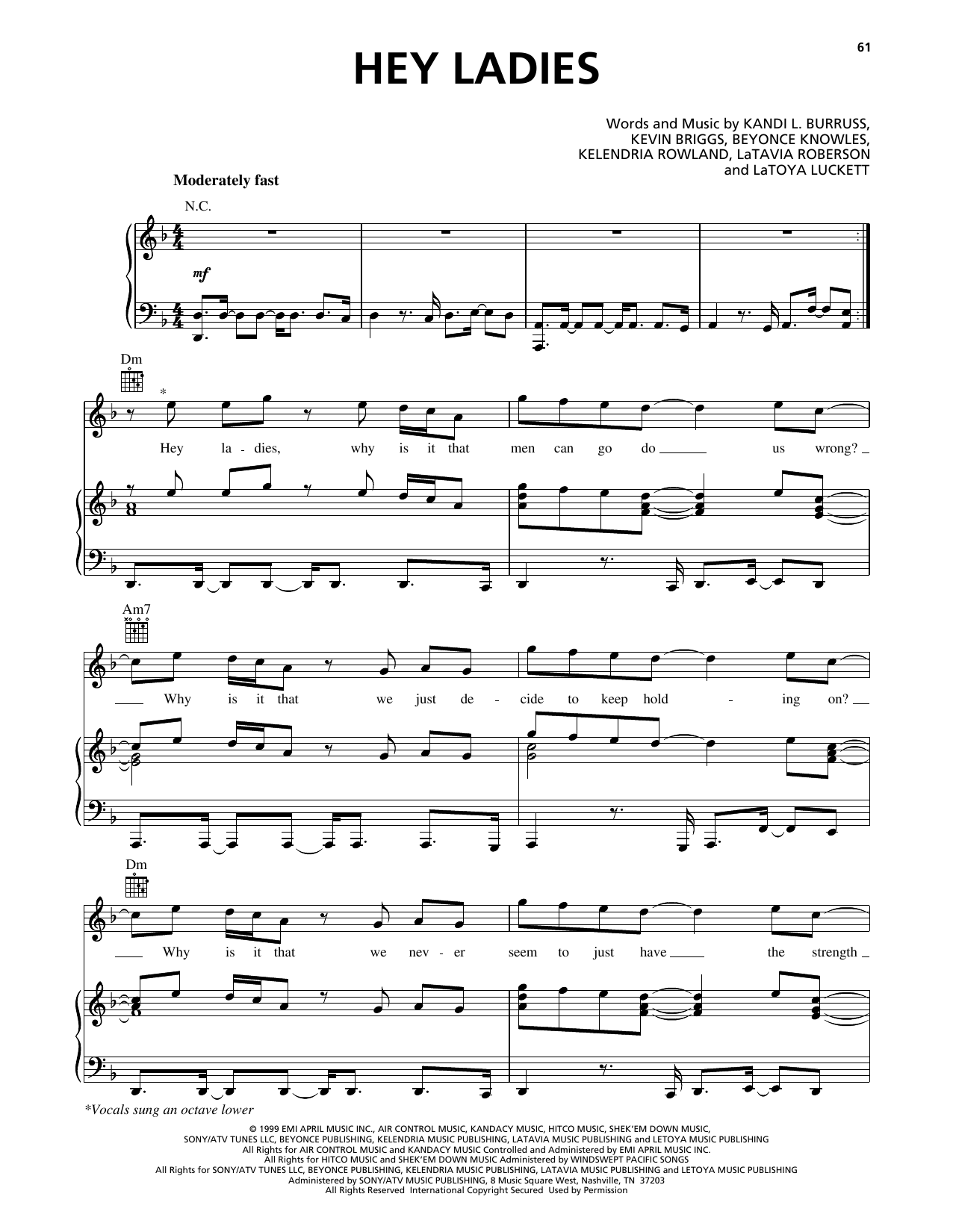 Destiny's Child Hey Ladies sheet music notes and chords arranged for Piano, Vocal & Guitar Chords (Right-Hand Melody)