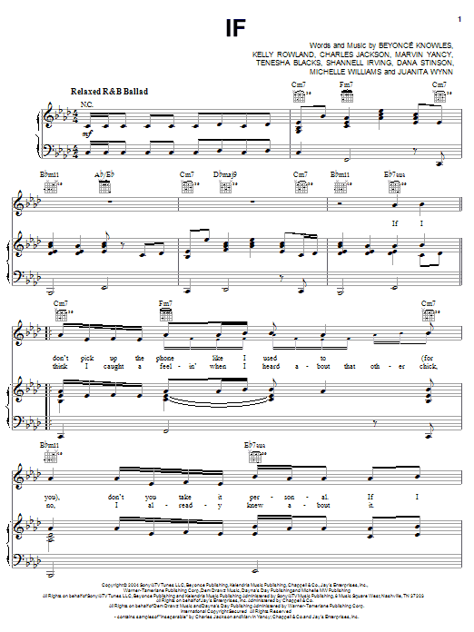 Destiny's Child If sheet music notes and chords arranged for Piano, Vocal & Guitar Chords (Right-Hand Melody)