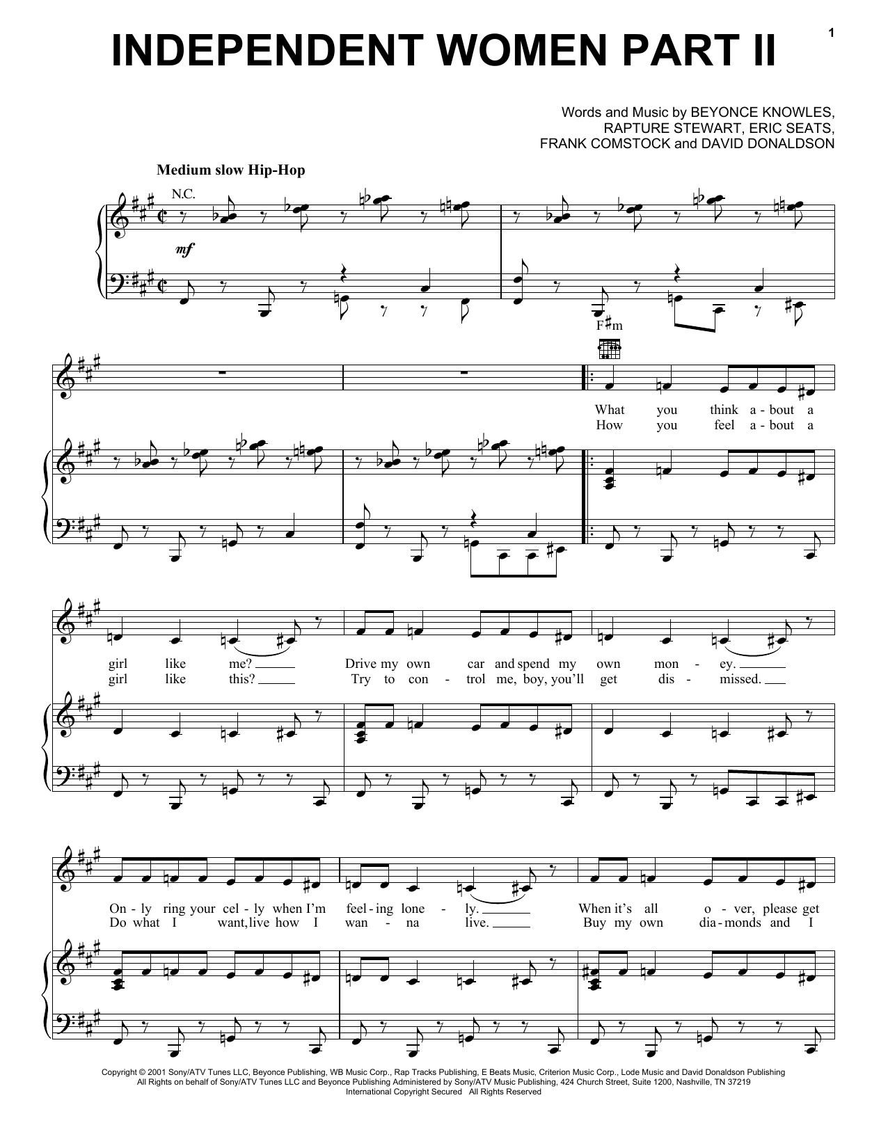 Destiny's Child Independent Women Part II sheet music notes and chords arranged for Piano, Vocal & Guitar Chords (Right-Hand Melody)