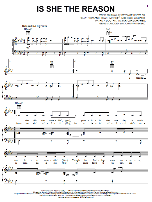 Destiny's Child Is She The Reason sheet music notes and chords arranged for Piano, Vocal & Guitar Chords (Right-Hand Melody)