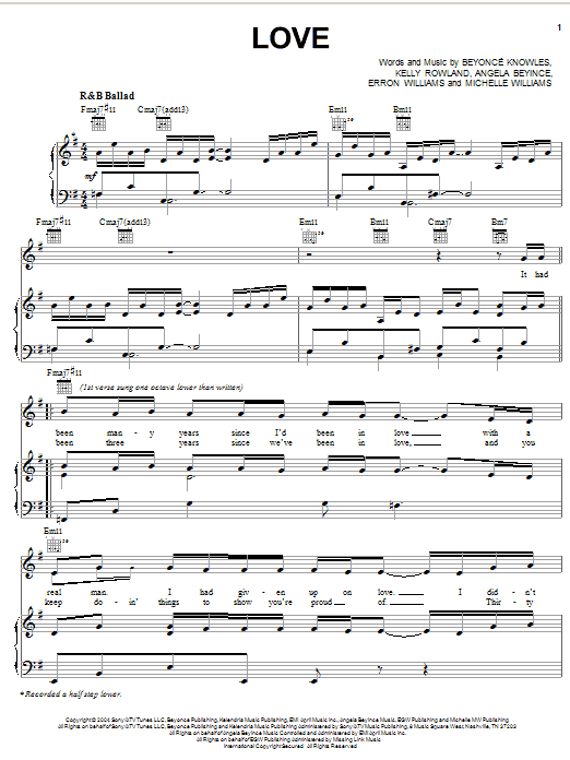 Destiny's Child Love sheet music notes and chords arranged for Piano, Vocal & Guitar Chords (Right-Hand Melody)
