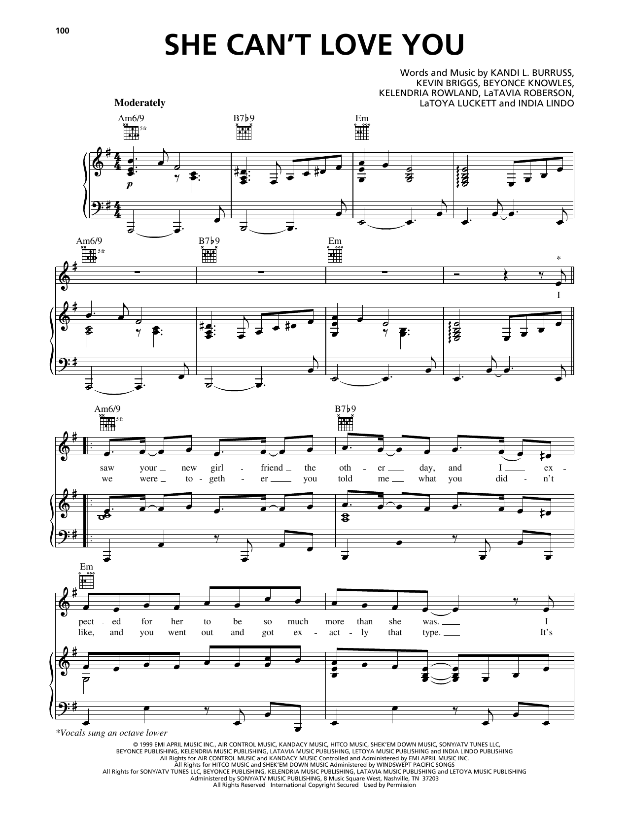 Destiny's Child She Can't Love You sheet music notes and chords arranged for Piano, Vocal & Guitar Chords (Right-Hand Melody)