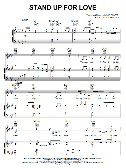 Destiny's Child Stand Up For Love sheet music notes and chords arranged for Piano, Vocal & Guitar Chords (Right-Hand Melody)