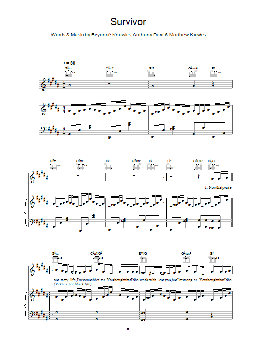 Destiny's Child Survivor sheet music notes and chords arranged for Piano, Vocal & Guitar Chords (Right-Hand Melody)