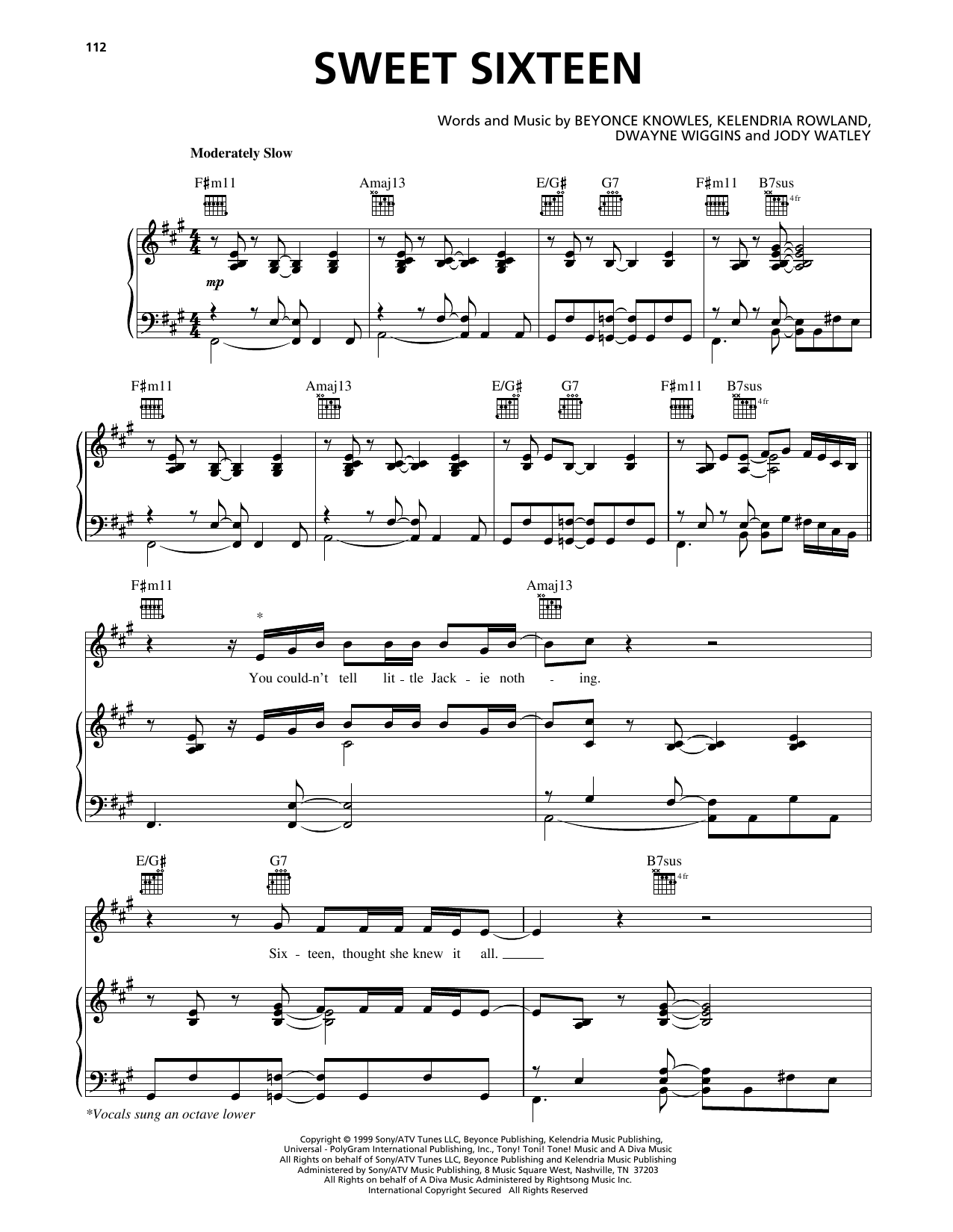 Destiny's Child Sweet Sixteen sheet music notes and chords arranged for Piano, Vocal & Guitar Chords (Right-Hand Melody)
