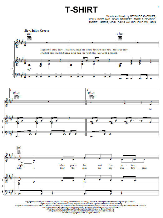 Destiny's Child T-Shirt sheet music notes and chords arranged for Piano, Vocal & Guitar Chords (Right-Hand Melody)