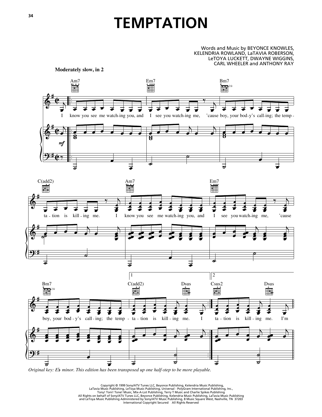 Destiny's Child Temptation sheet music notes and chords arranged for Piano, Vocal & Guitar Chords (Right-Hand Melody)