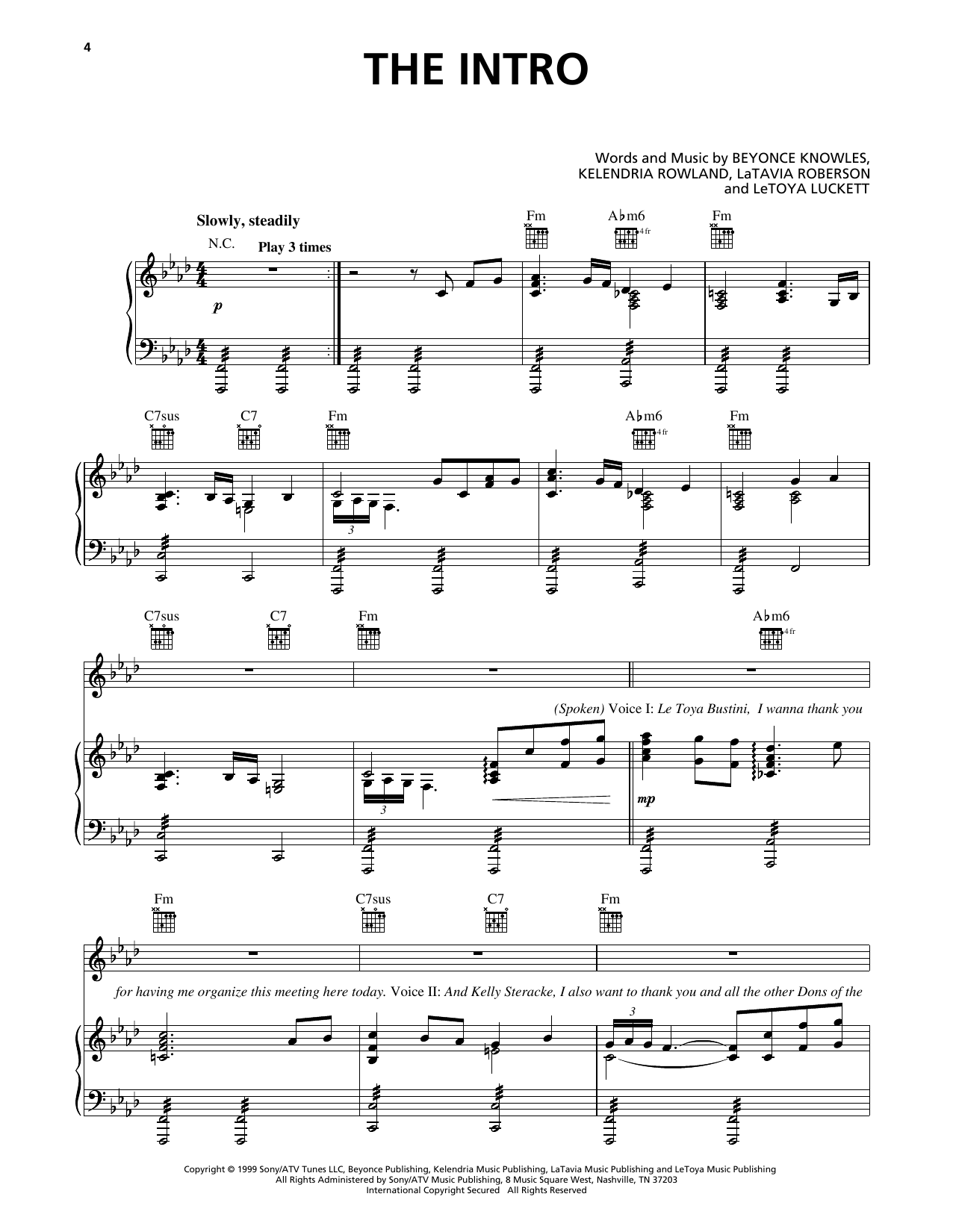 Destiny's Child The Intro sheet music notes and chords arranged for Piano, Vocal & Guitar Chords (Right-Hand Melody)