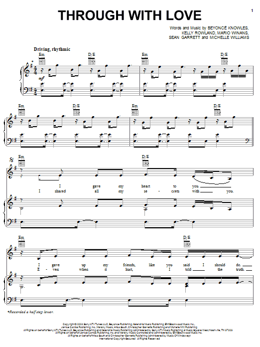 Destiny's Child Through With Love sheet music notes and chords arranged for Piano, Vocal & Guitar Chords (Right-Hand Melody)