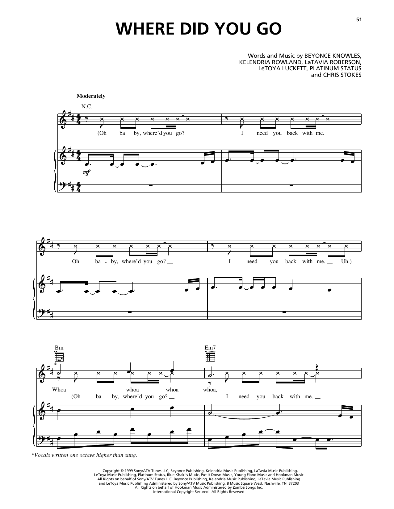 Destiny's Child Where Did You Go sheet music notes and chords arranged for Piano, Vocal & Guitar Chords (Right-Hand Melody)