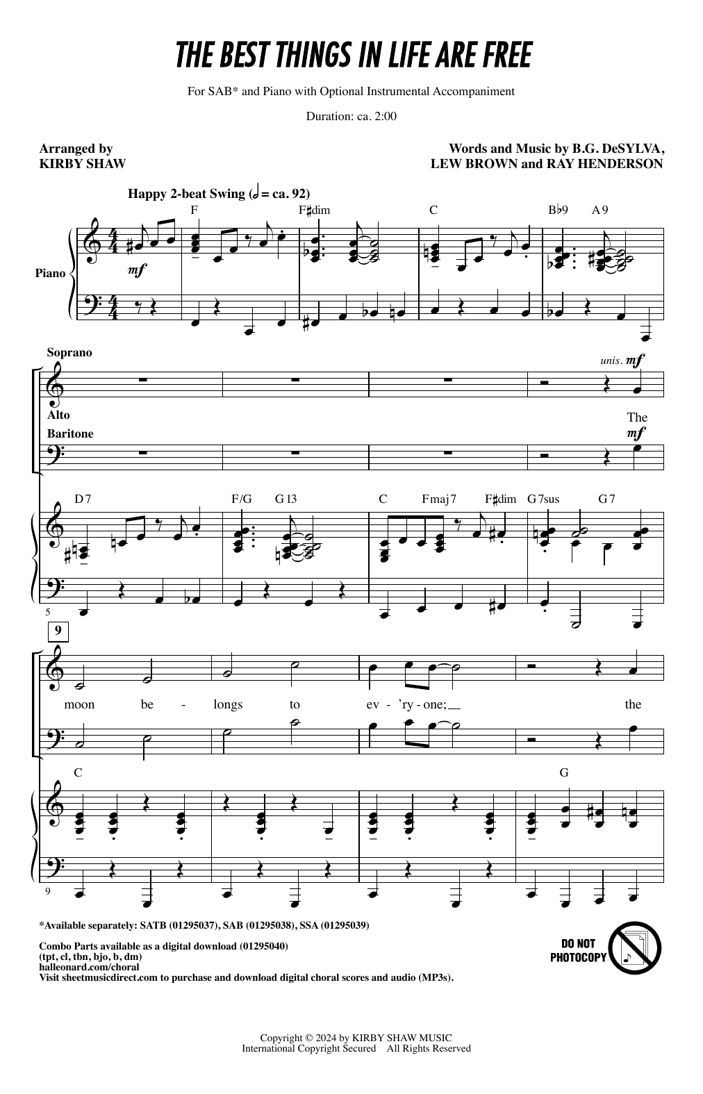 DeSylva, Brown & Henderson The Best Things In Life Are Free (arr. Kirby Shaw) sheet music notes and chords arranged for SAB Choir
