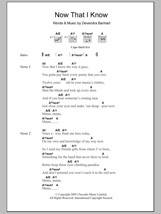 Devendra Banhart Now That I Know sheet music notes and chords arranged for Guitar Chords/Lyrics