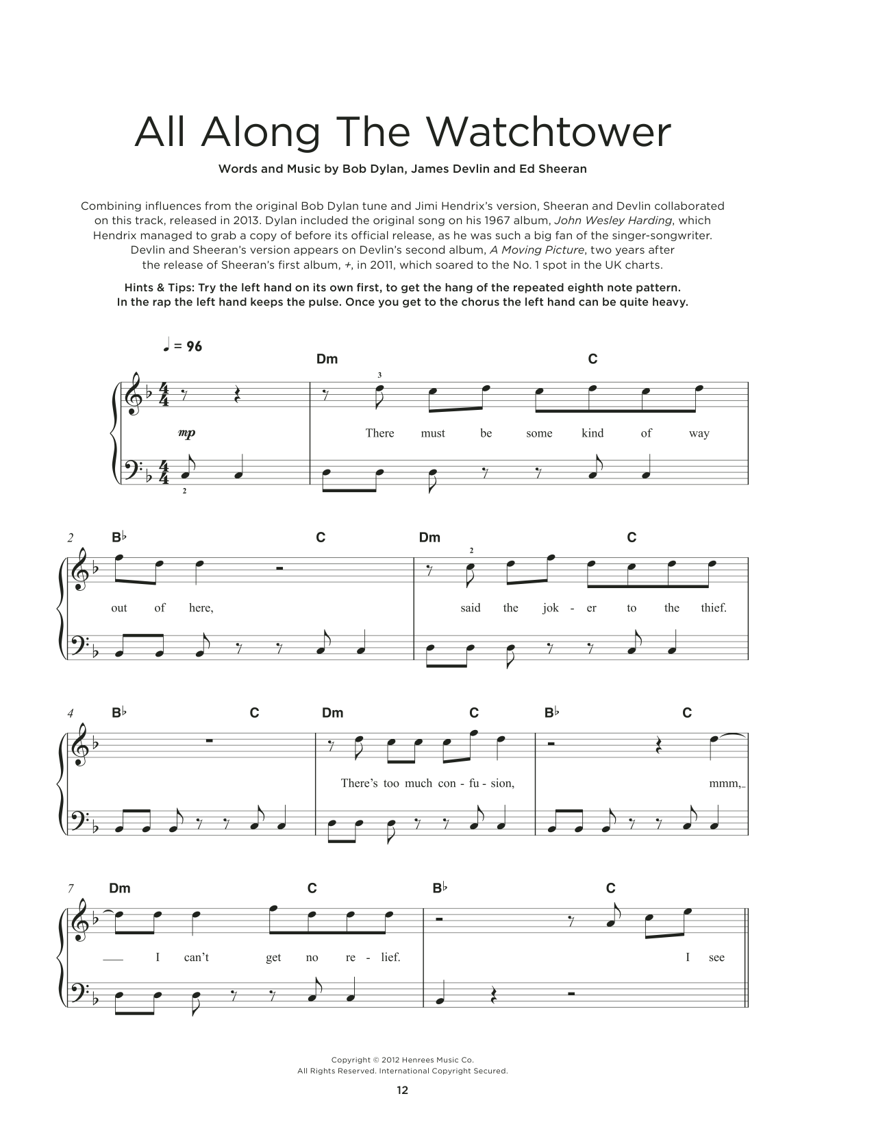 Devlin and Ed Sheeran All Along The Watchtower sheet music notes and chords arranged for Really Easy Piano