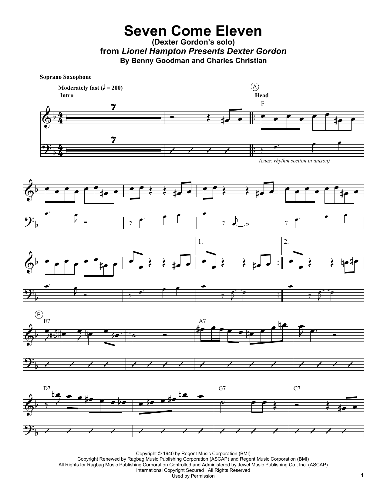 Dexter Gordon Seven Come Eleven sheet music notes and chords arranged for Soprano Sax Transcription