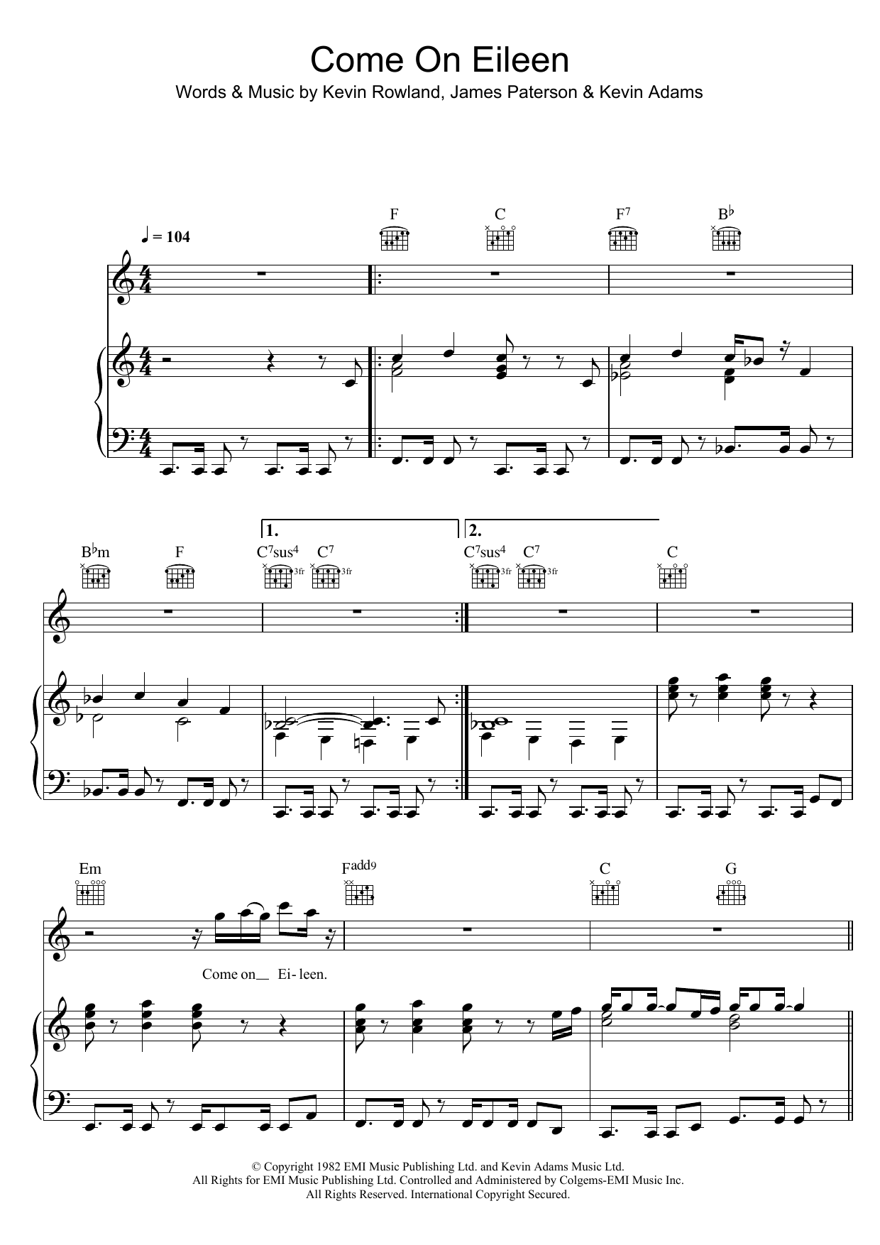 Dexys Midnight Runners Come On Eileen sheet music notes and chords arranged for Flute Duet