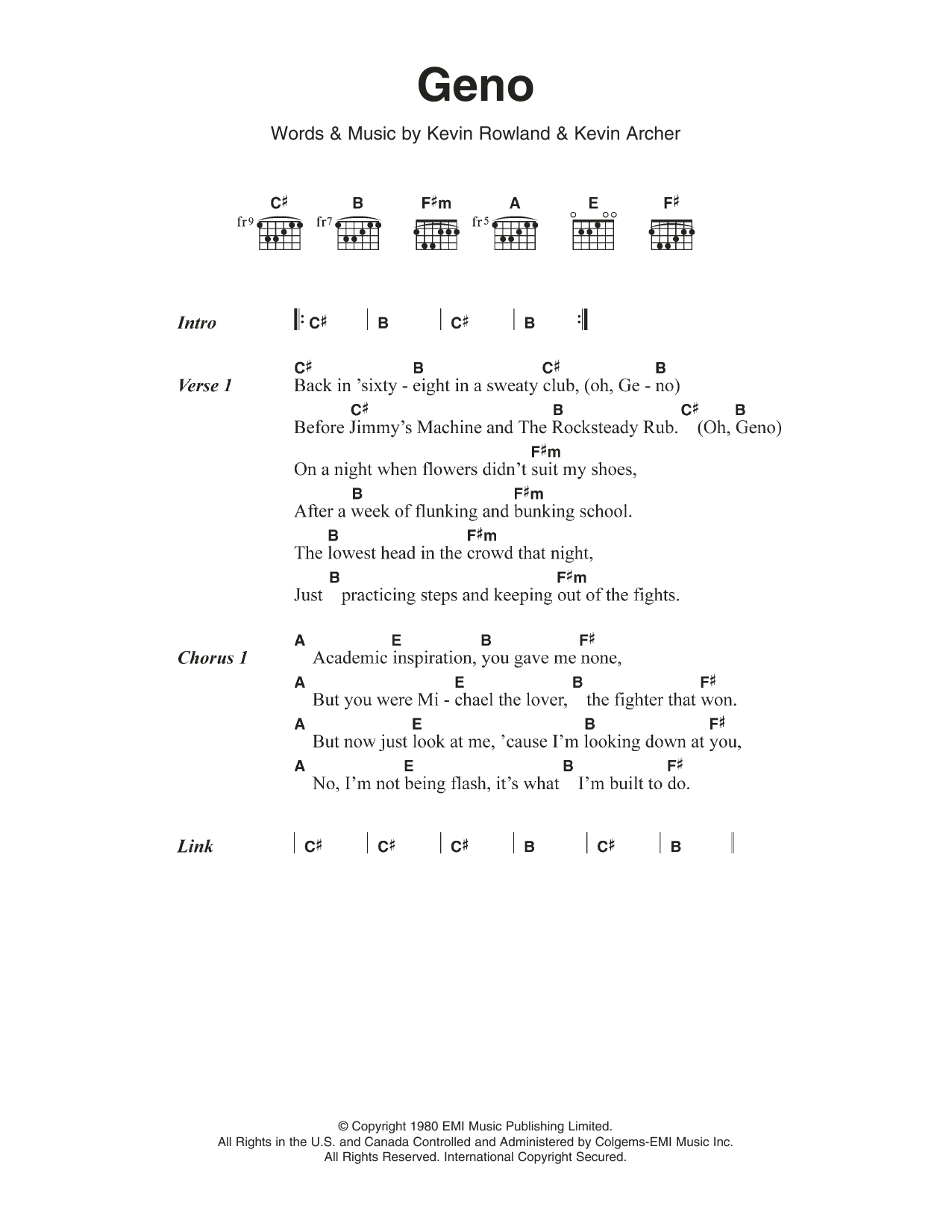 Dexy's Midnight Runners Geno sheet music notes and chords arranged for Guitar Chords/Lyrics