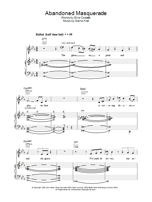 Diana Krall Abandoned Masquerade sheet music notes and chords arranged for Piano, Vocal & Guitar Chords