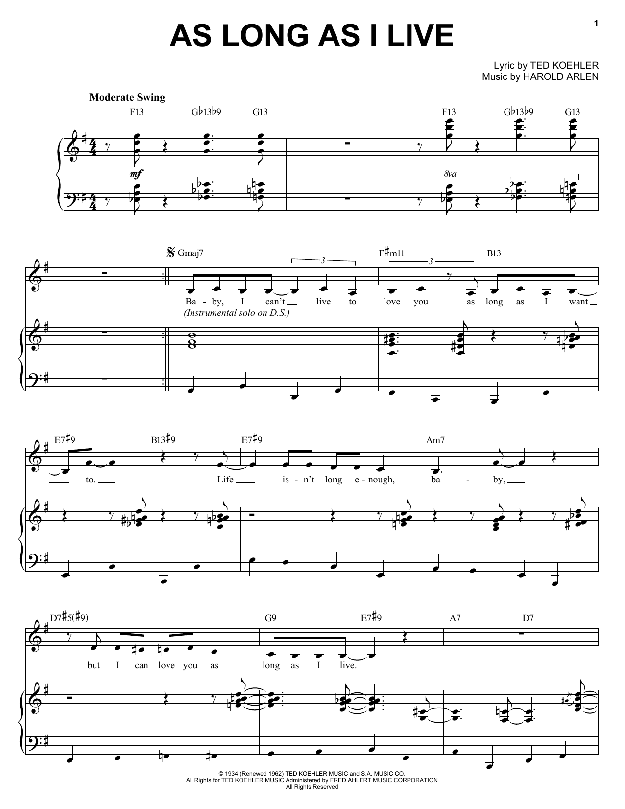 Diana Krall As Long As I Live sheet music notes and chords arranged for Piano, Vocal & Guitar Chords (Right-Hand Melody)