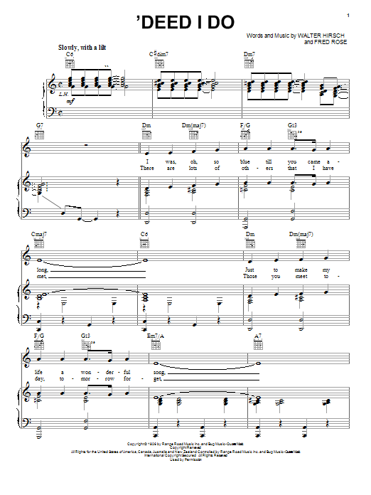 Diana Krall 'Deed I Do sheet music notes and chords arranged for Piano, Vocal & Guitar Chords (Right-Hand Melody)