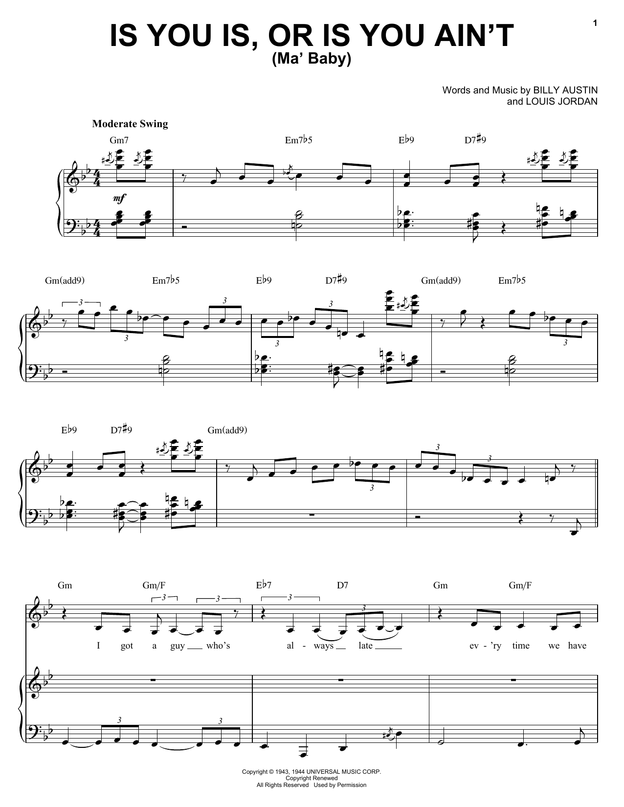 Diana Krall Is You Is, Or Is You Ain't (Ma' Baby) sheet music notes and chords arranged for Piano, Vocal & Guitar Chords (Right-Hand Melody)