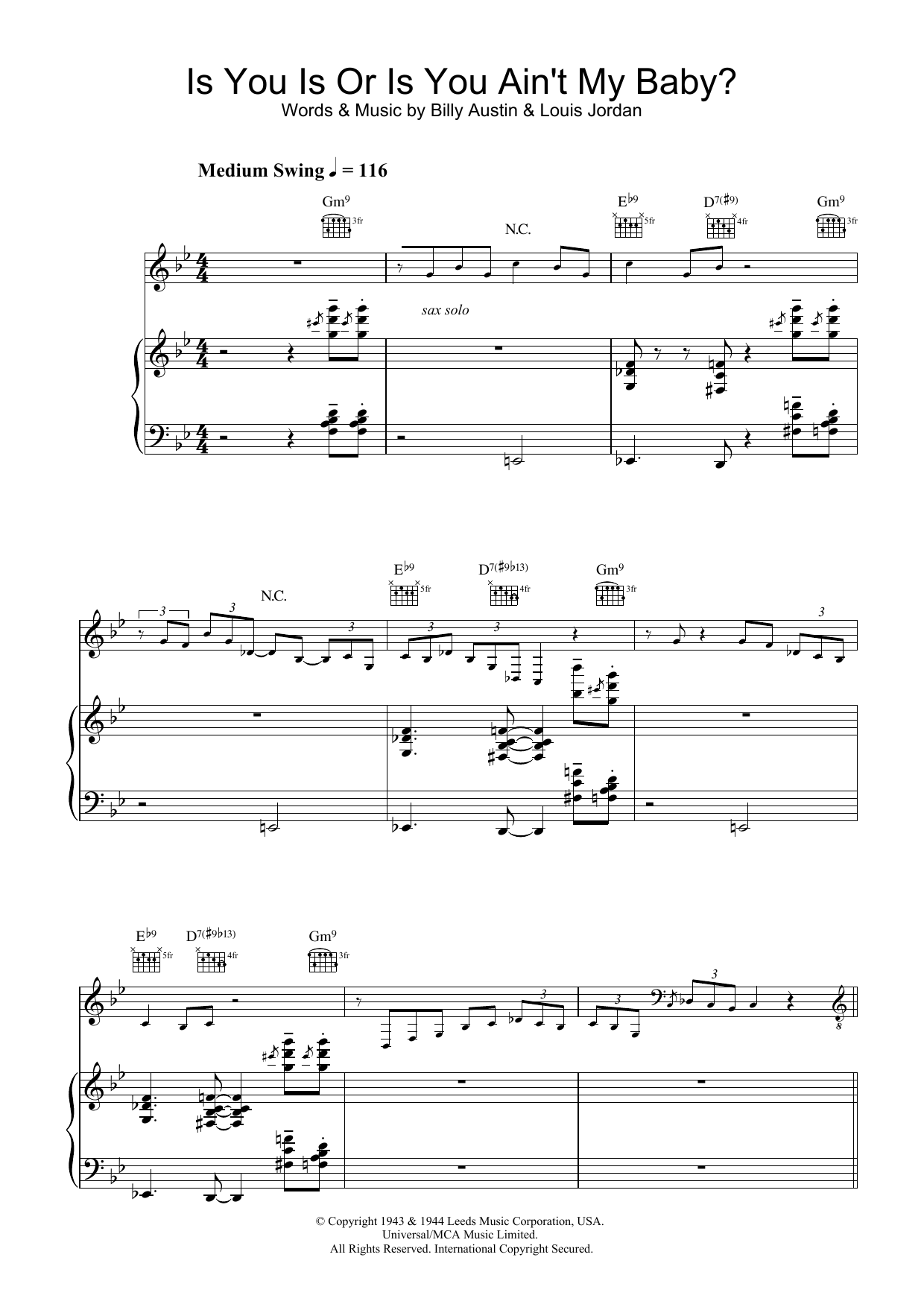 Diana Krall Is You Is Or Is You Ain't My Baby? sheet music notes and chords arranged for Alto Sax Solo