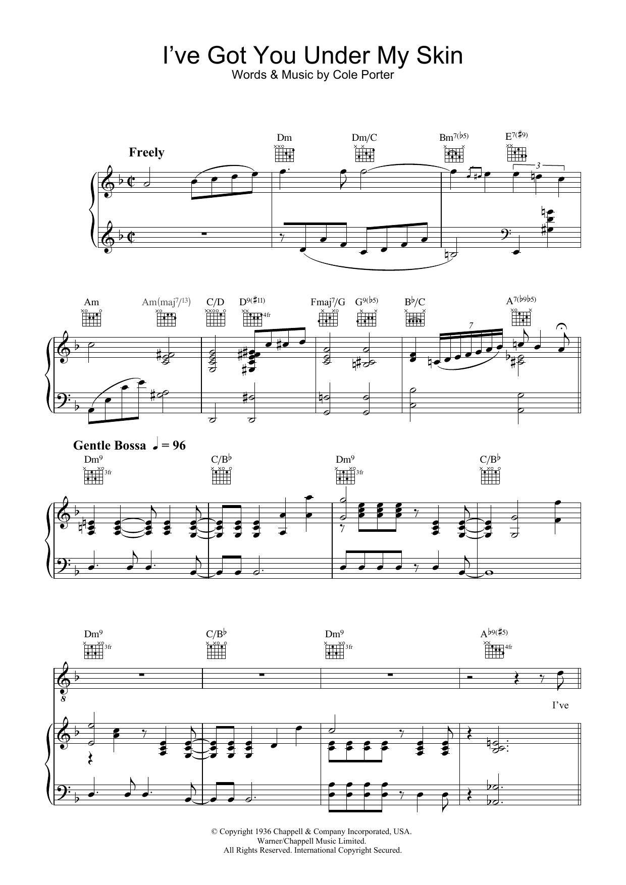 Diana Krall I've Got You Under My Skin sheet music notes and chords arranged for Piano, Vocal & Guitar Chords (Right-Hand Melody)