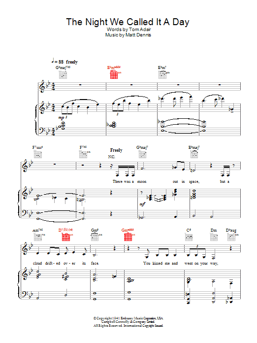 Diana Krall The Night We Called It A Day sheet music notes and chords arranged for Piano, Vocal & Guitar Chords