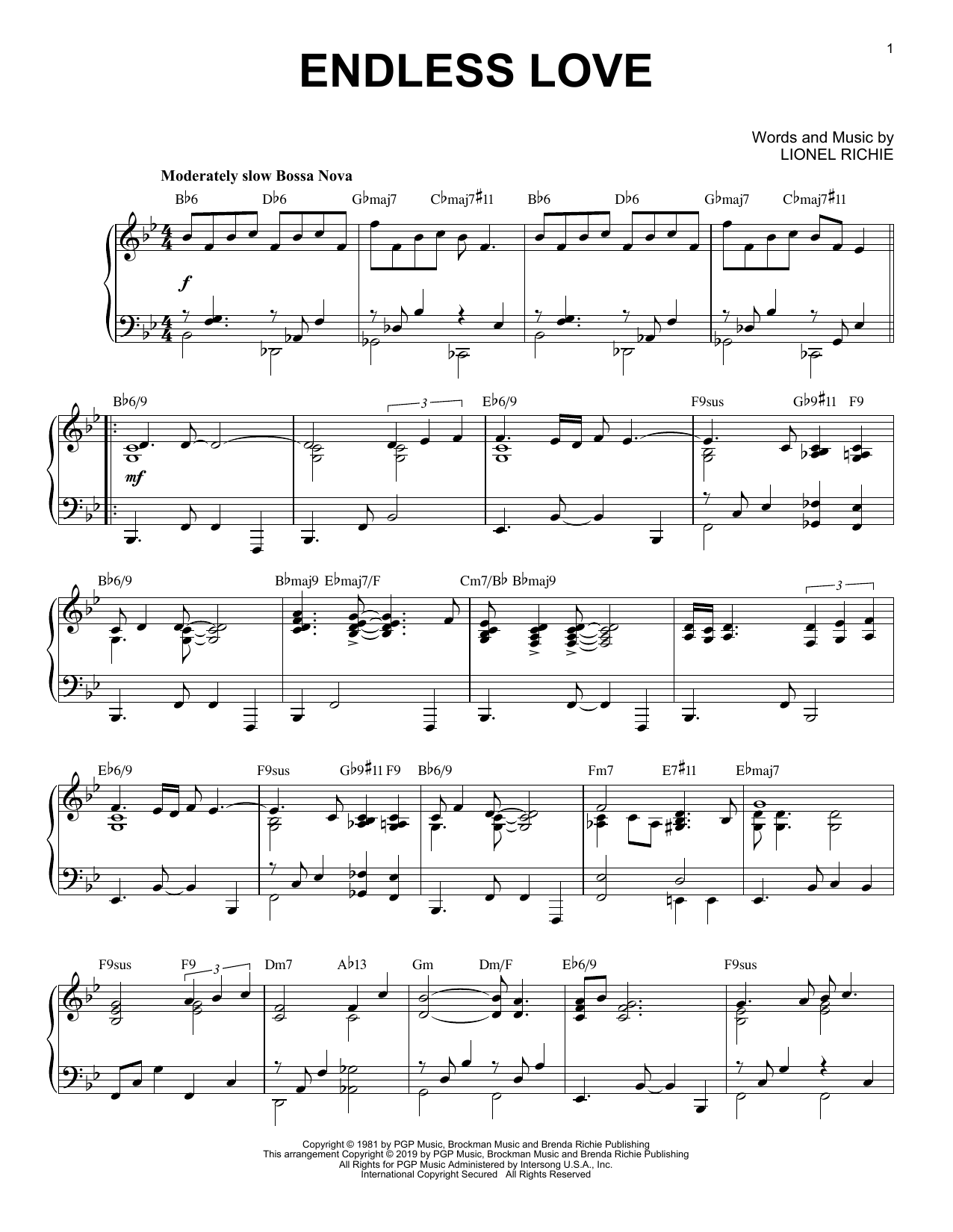 Diana Ross & Lionel Richie Endless Love [Jazz version] sheet music notes and chords arranged for Piano Solo