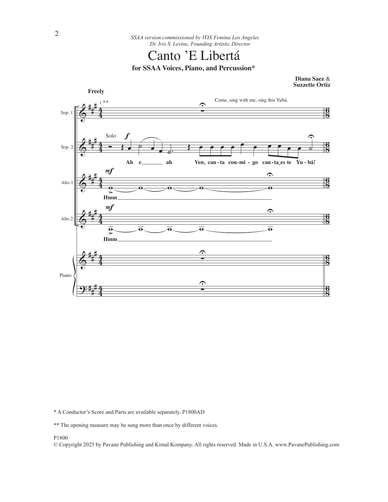 Diana Saez & Suzzette Ortiz Canto 'e Liberta sheet music notes and chords arranged for SSAA Choir